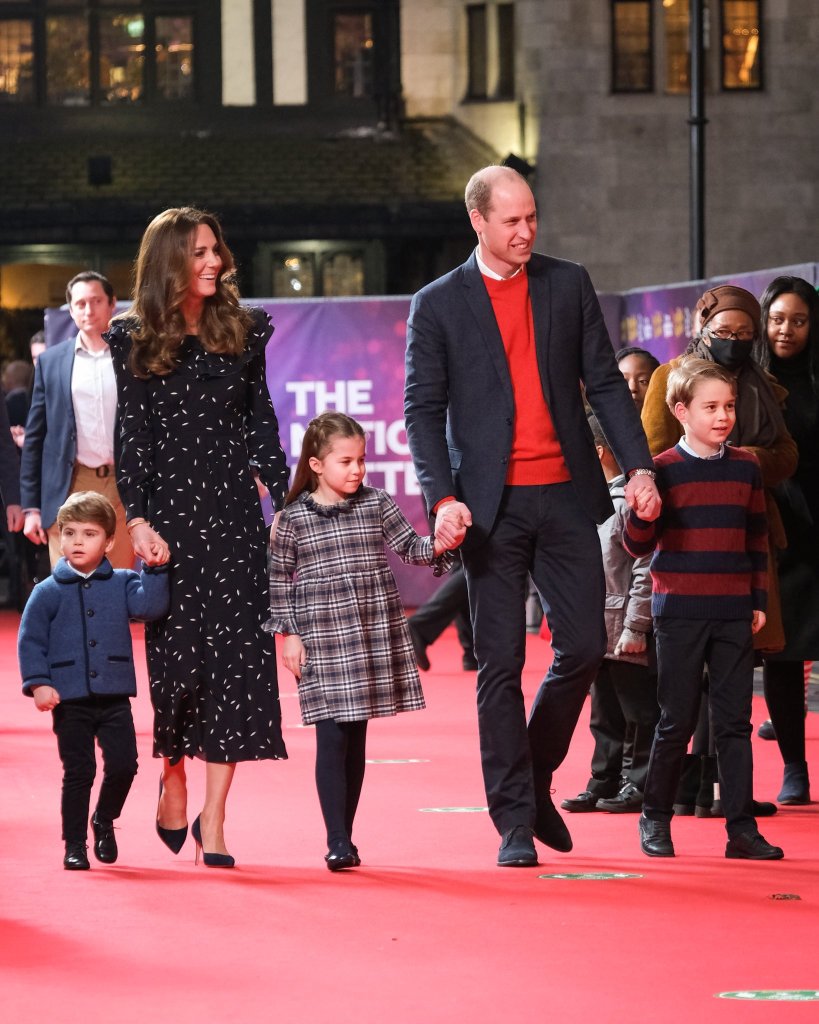 The Duke and Duchess of Cambridge, with their children, Prince Louis, Princess Charlotte and Prince George at a special pantomime performance at the London Palladium to thank key workers and their families for their efforts throughout the pandemic. ©Kensington Palace